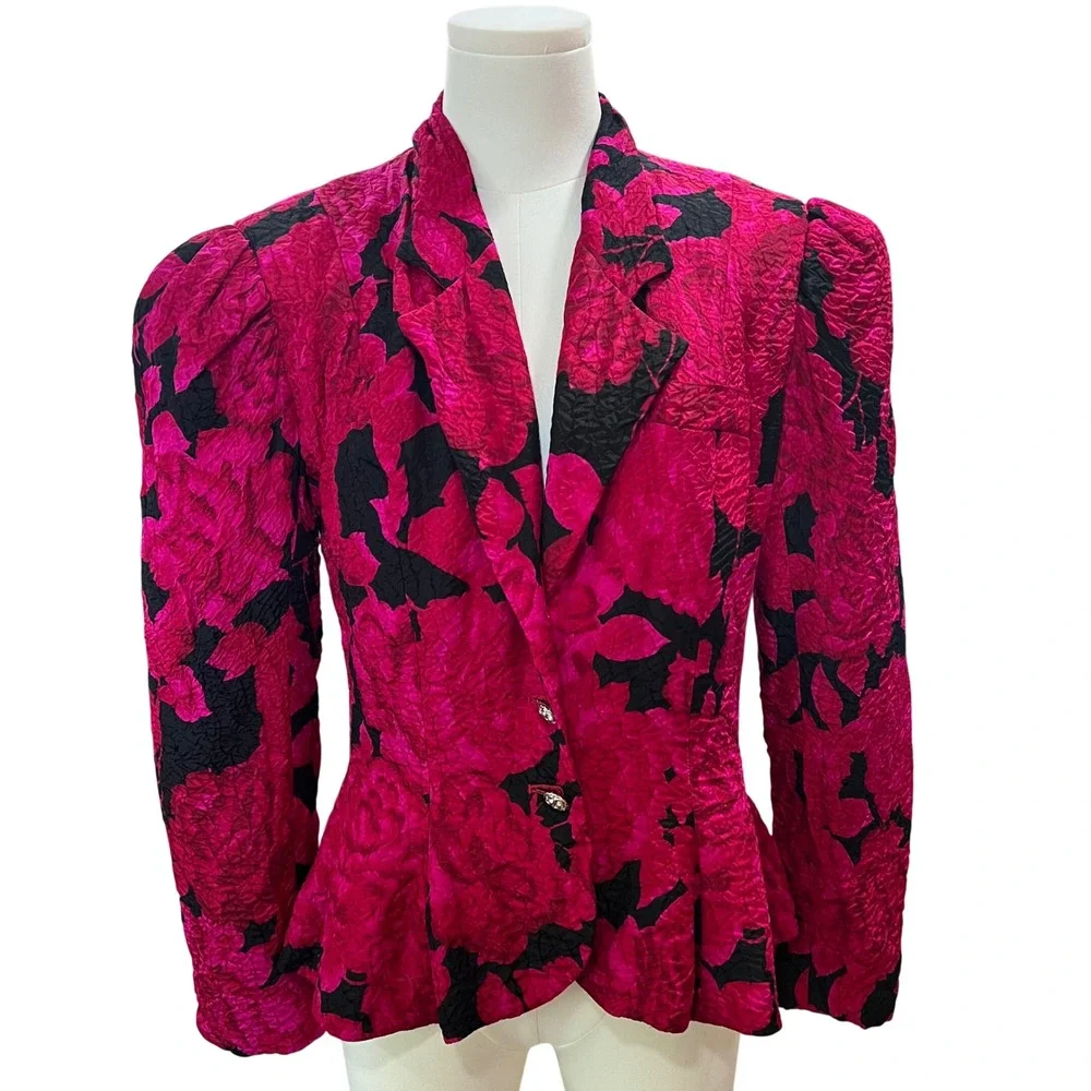 Vintage Rickie Freeman Teri Jon Silk Brocade Strapless Dress Set Fuchsia Black 6